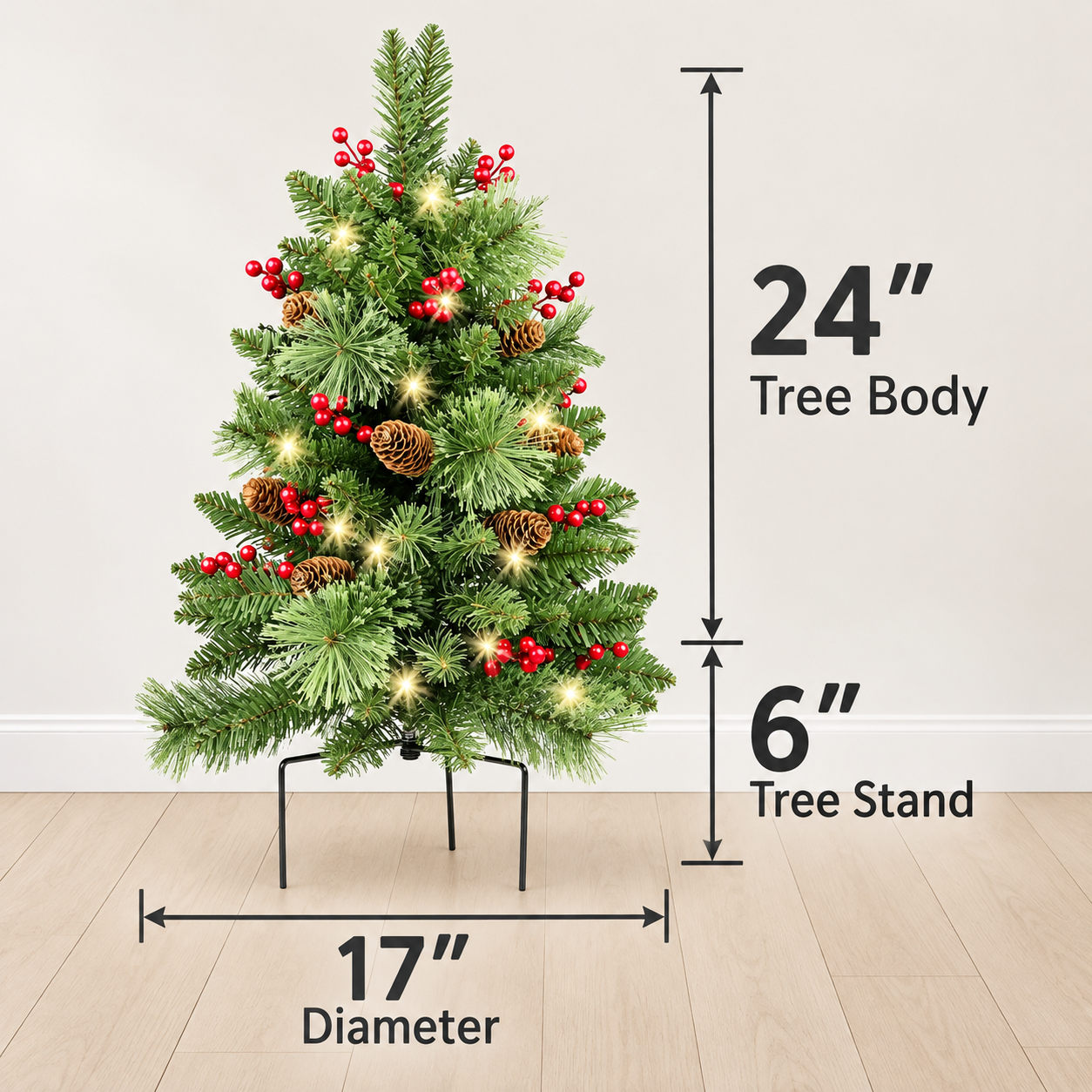 24-Inch Pre-Lit Artificial Christmas Tree with Red Berries & Pinecones, Mini Holiday Tree with Warm Lights for Tabletop Home Decor