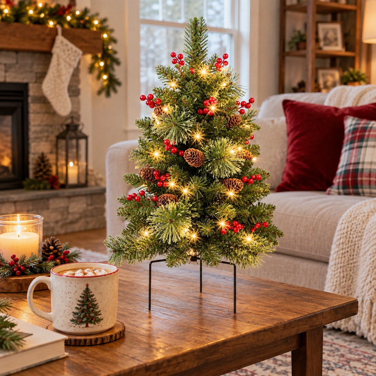 24-Inch Pre-Lit Artificial Christmas Tree with Red Berries & Pinecones, Mini Holiday Tree with Warm Lights for Tabletop Home Decor