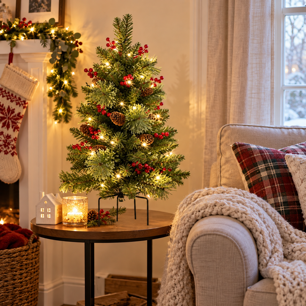 24-Inch Pre-Lit Artificial Christmas Tree with Red Berries & Pinecones, Mini Holiday Tree with Warm Lights for Tabletop Home Decor