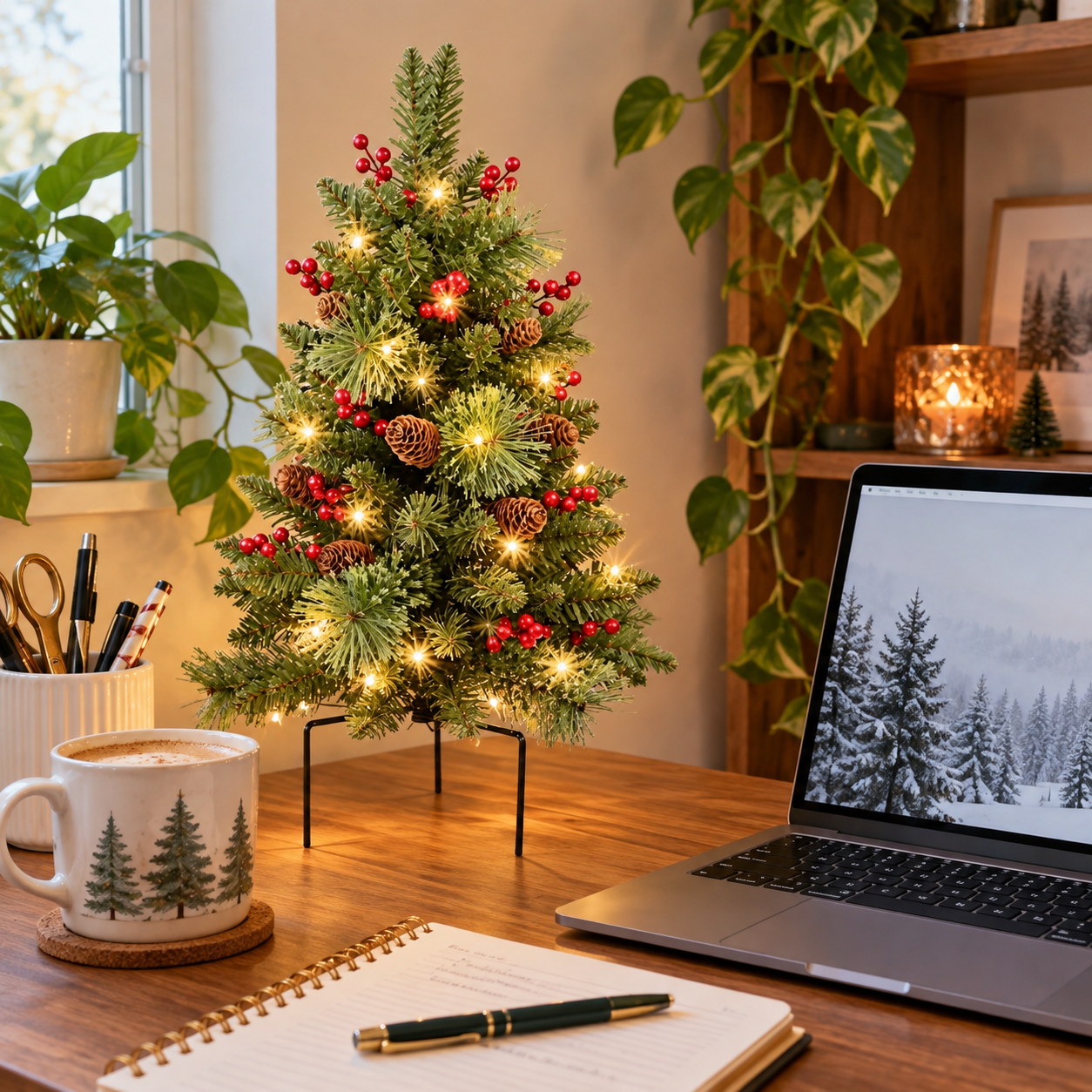 24-Inch Pre-Lit Artificial Christmas Tree with Red Berries & Pinecones, Mini Holiday Tree with Warm Lights for Tabletop Home Decor