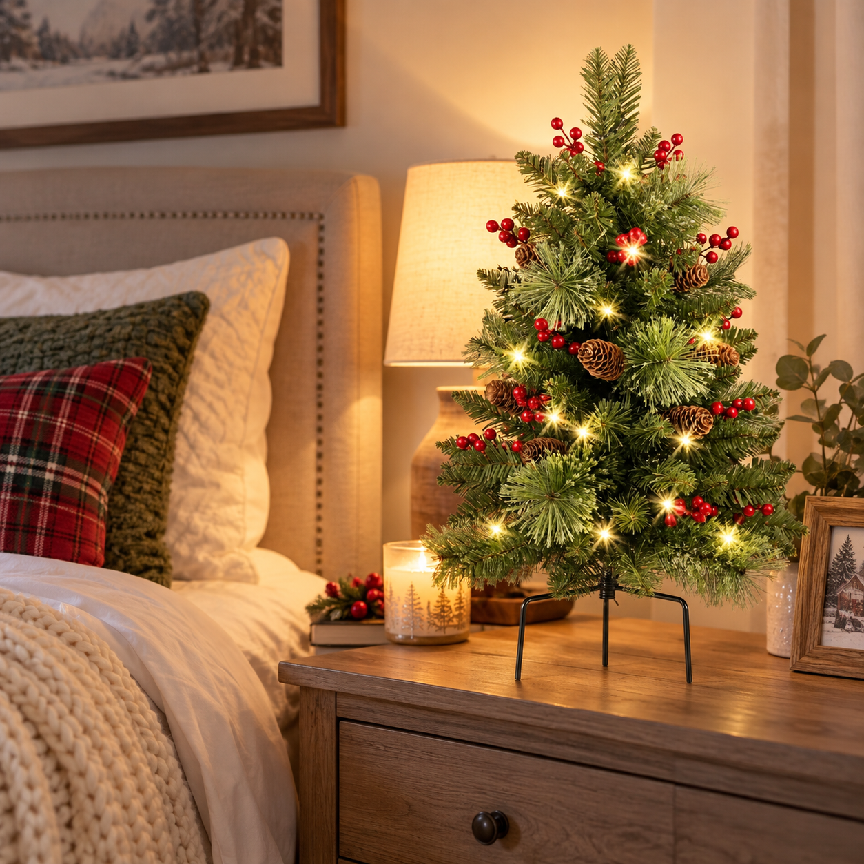 24-Inch Pre-Lit Artificial Christmas Tree with Red Berries & Pinecones, Mini Holiday Tree with Warm Lights for Tabletop Home Decor