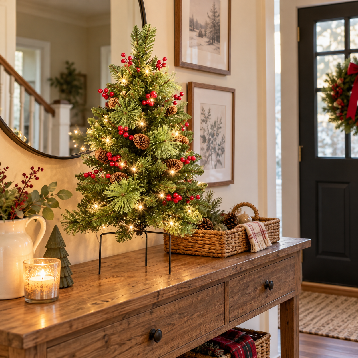 24-Inch Pre-Lit Artificial Christmas Tree with Red Berries & Pinecones, Mini Holiday Tree with Warm Lights for Tabletop Home Decor