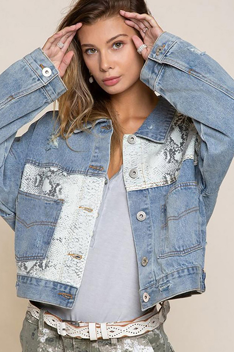 Fashion Print Paneled Ripped Short Denim Jacket