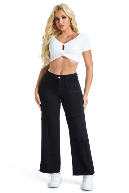 Casual Stretch Panel Raw Hem Wide Leg Jeans