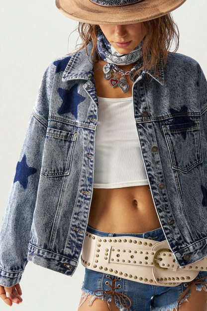 Casual Distressed Washed Star Pattern Loose Denim Jacket