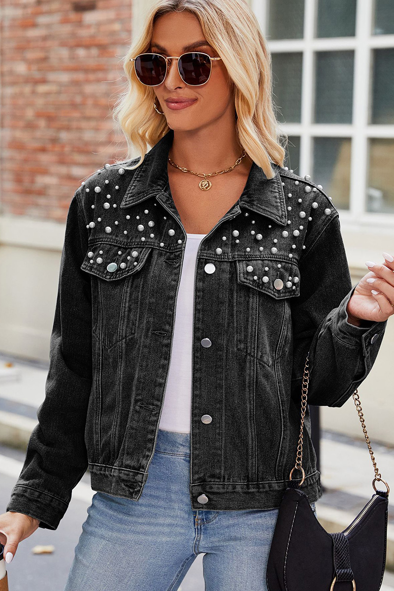Fashion Pearl Embellished Short Denim Jacket