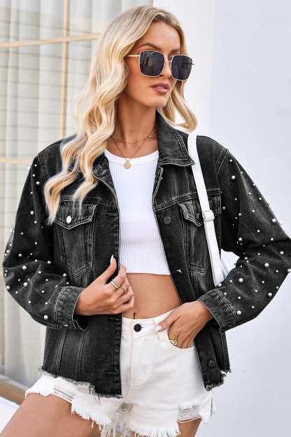 Casual Sleeve Beaded Short Denim Jacket
