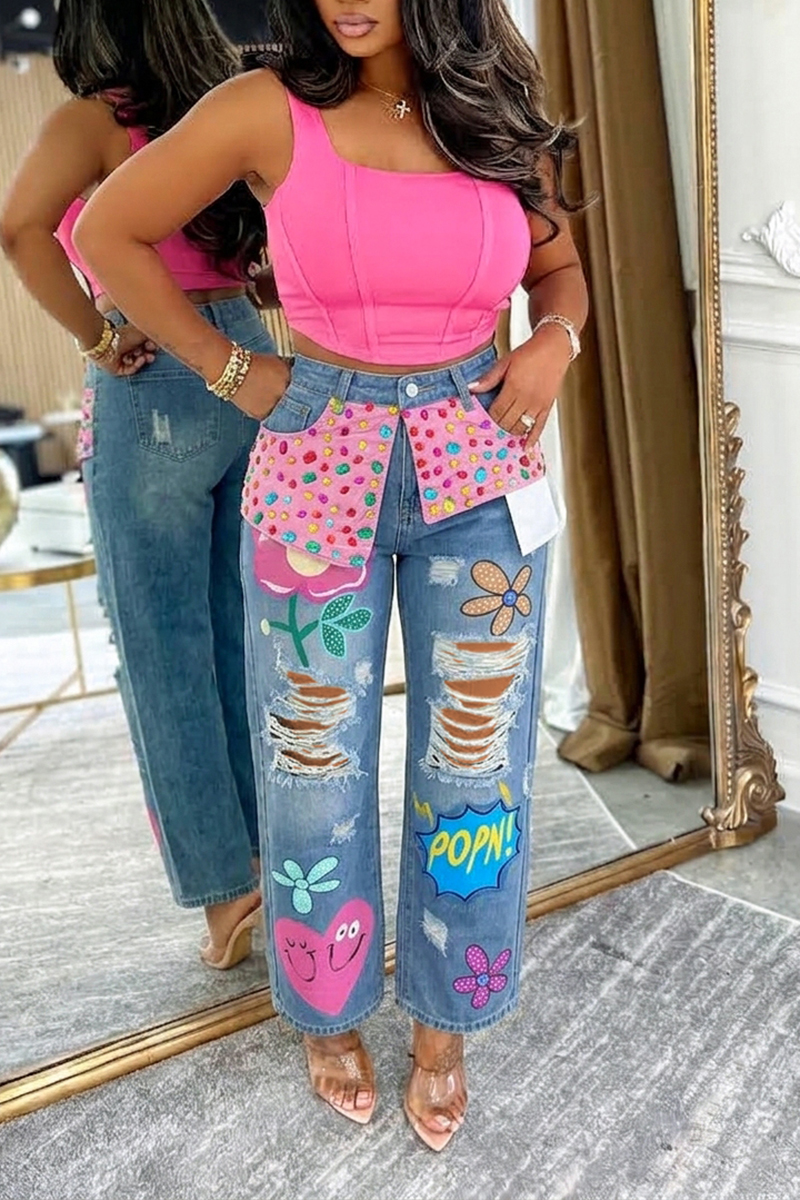 Fashion Rhinestone Washed Ripped Print Jeans