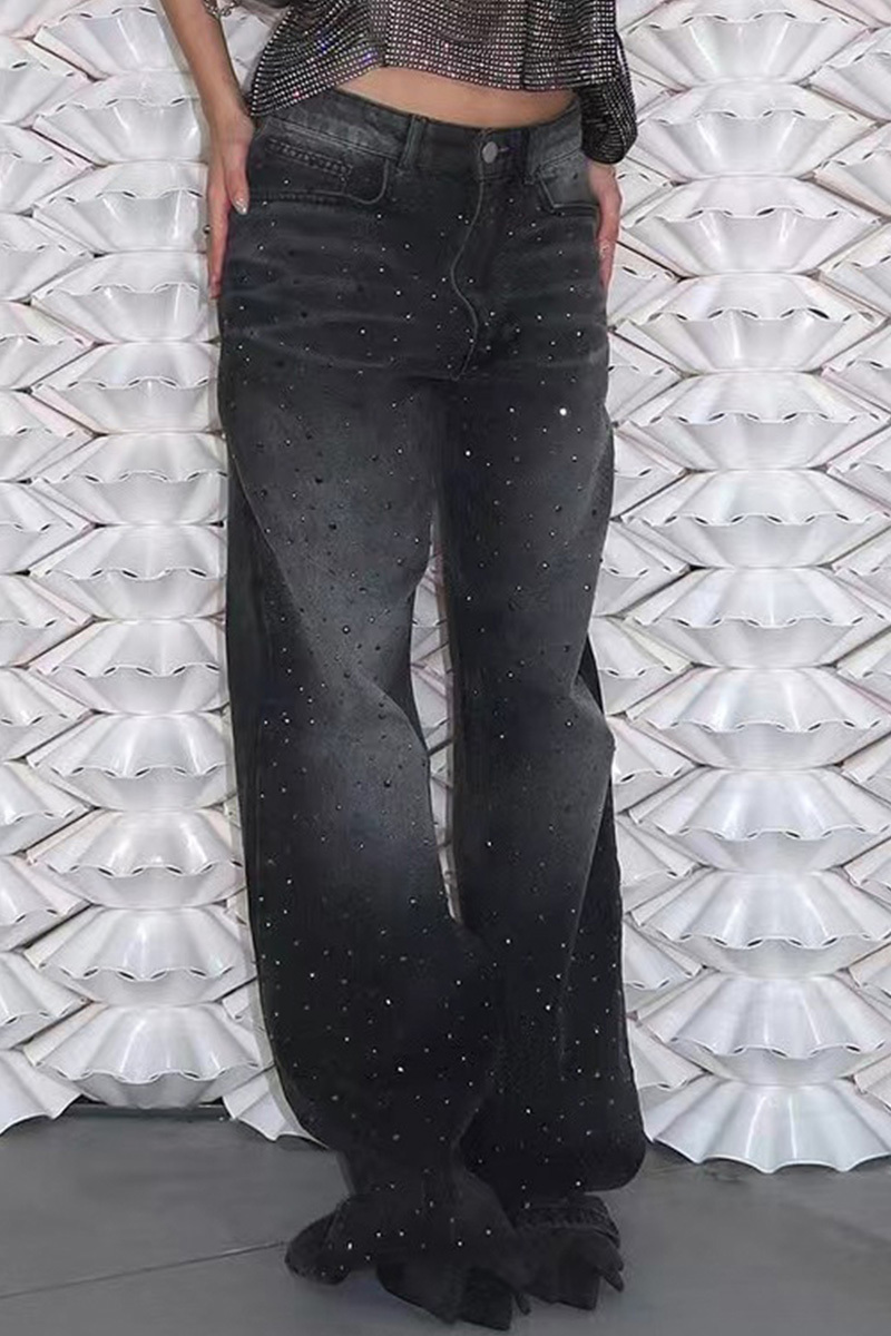 Vintage Hotfix Rhinestone Distressed Low Rise Wide Leg Jeans