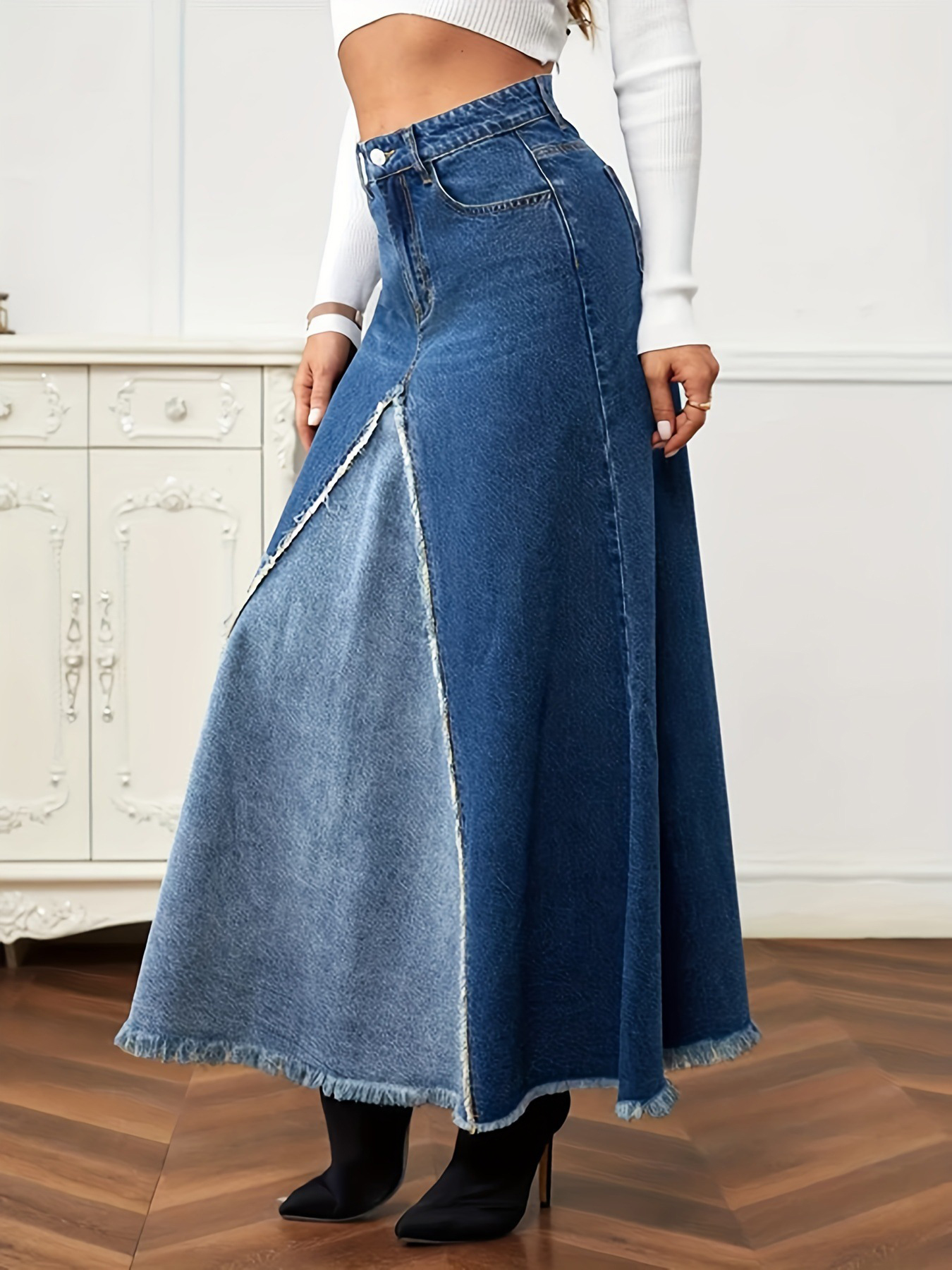 Casual Panel Washed Raw Hem Denim Skirt