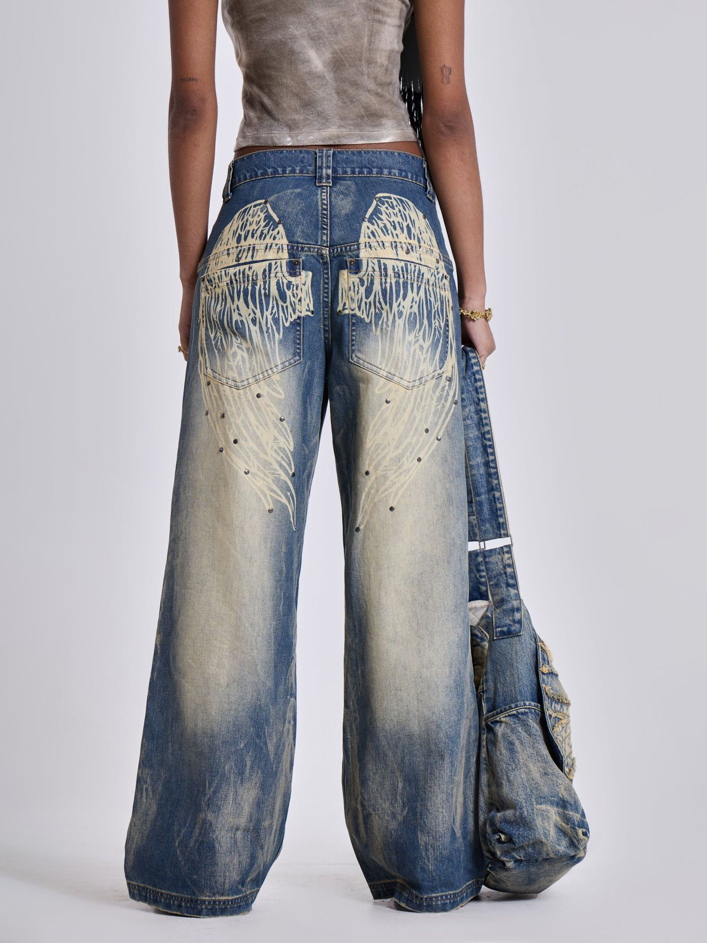 Vintage Distressed Ombre Wing Print Wide Leg Jeans