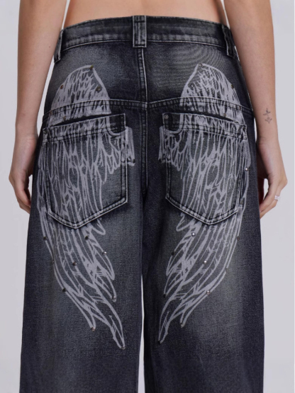 Vintage Distressed Ombre Wing Print Wide Leg Jeans