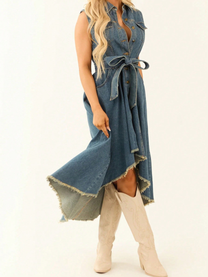 Edgy Irregular Raw Hem Sleeveless Denim Midi Dress