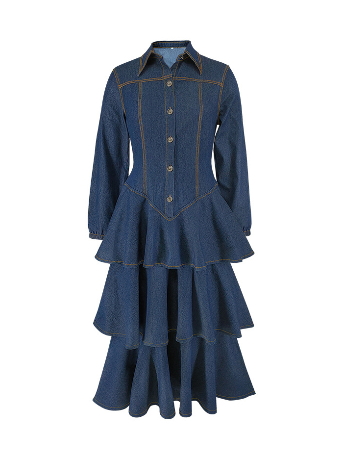 Elegant Lapel Long Sleeve Tiered Hem Denim Dress
