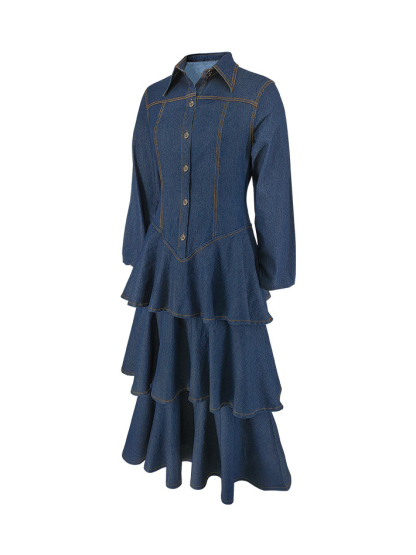Elegant Lapel Long Sleeve Tiered Hem Denim Dress