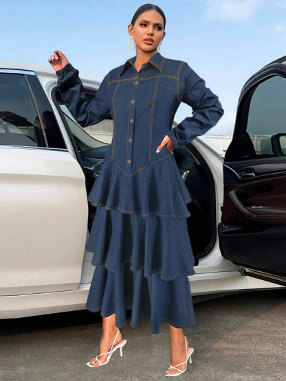 Elegant Lapel Long Sleeve Tiered Hem Denim Dress