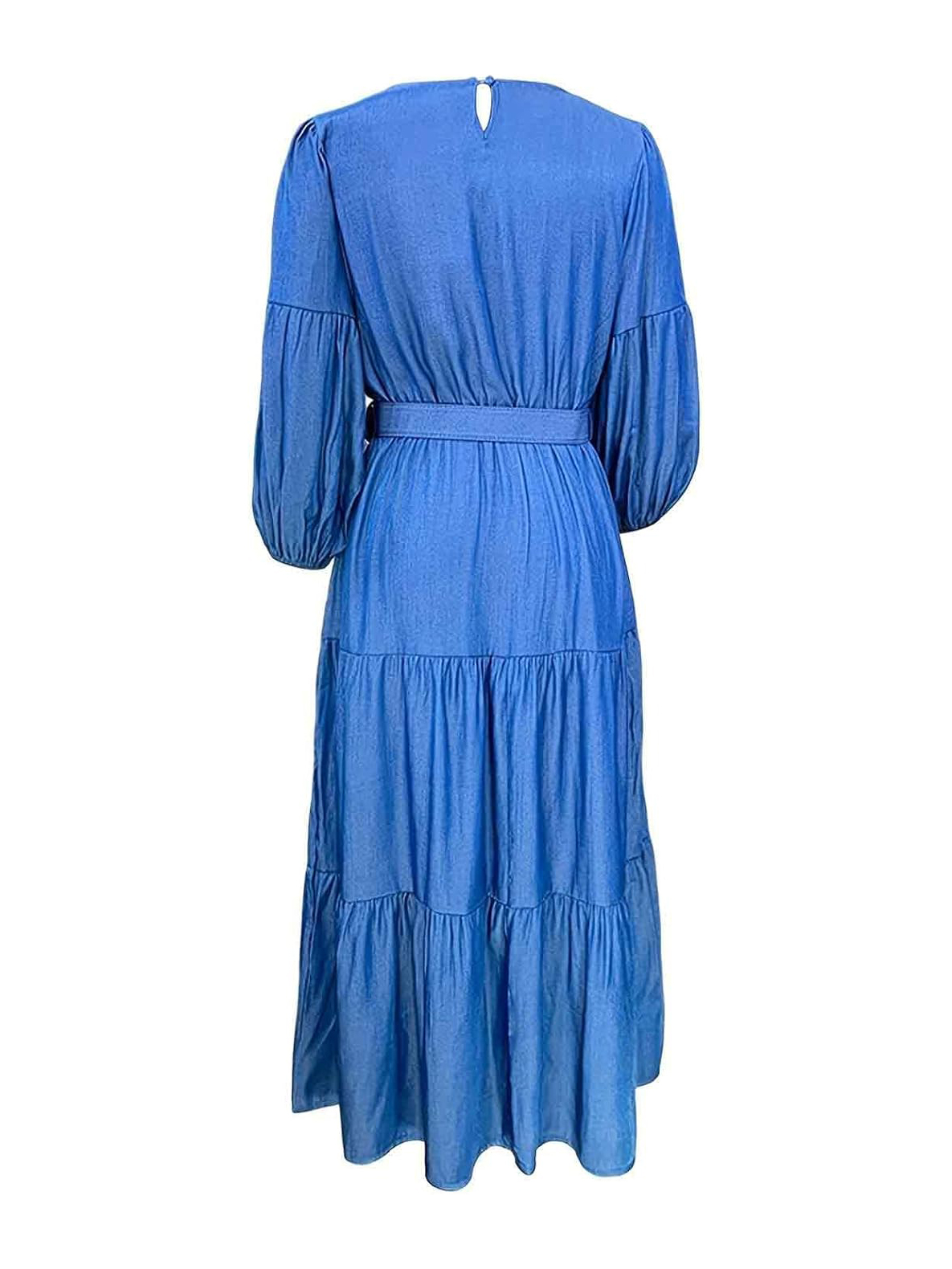 Elegant Puff Sleeve Belted Ruffle Hem Denim Midi Dress