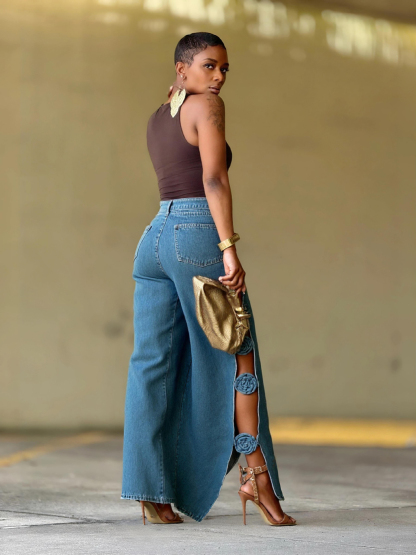 Designer Cut Out Slit Hem Handmade 3D Floral Jeans
