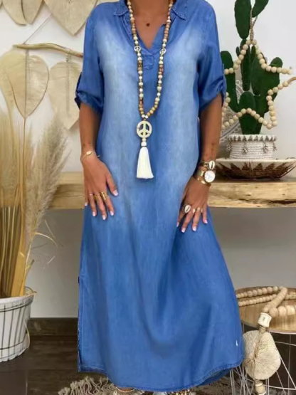 Casual Oversized Shirt Collar Denim Maxi Dress