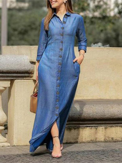 Elegant Long Sleeve Button Front Denim Maxi Dress