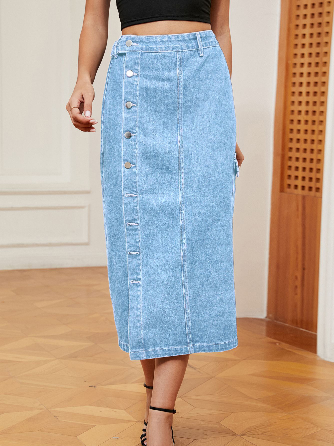 Casual Button Front Elastic Waist Utility Denim Skirt