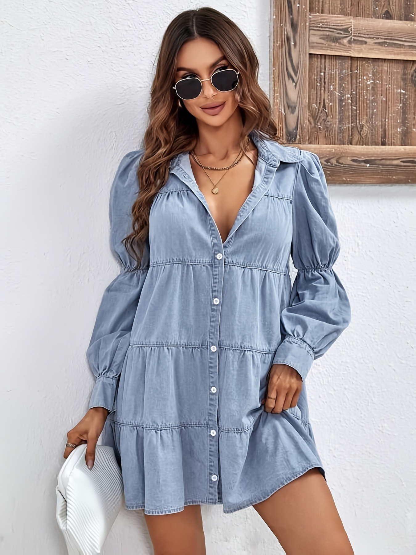 Sweet Puff Sleeve Ruffle Hem Denim Mini Dress