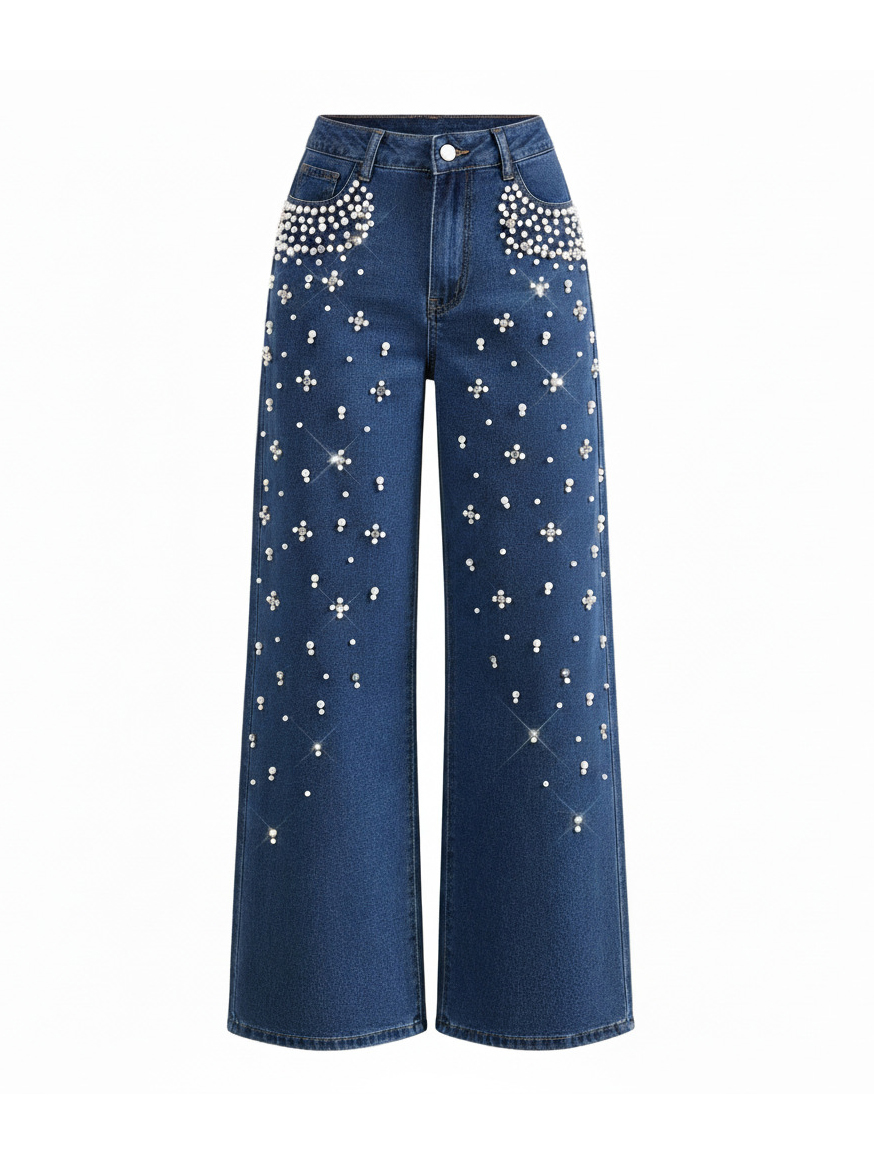 Casual Loose Fit Beaded Straight Leg Jeans