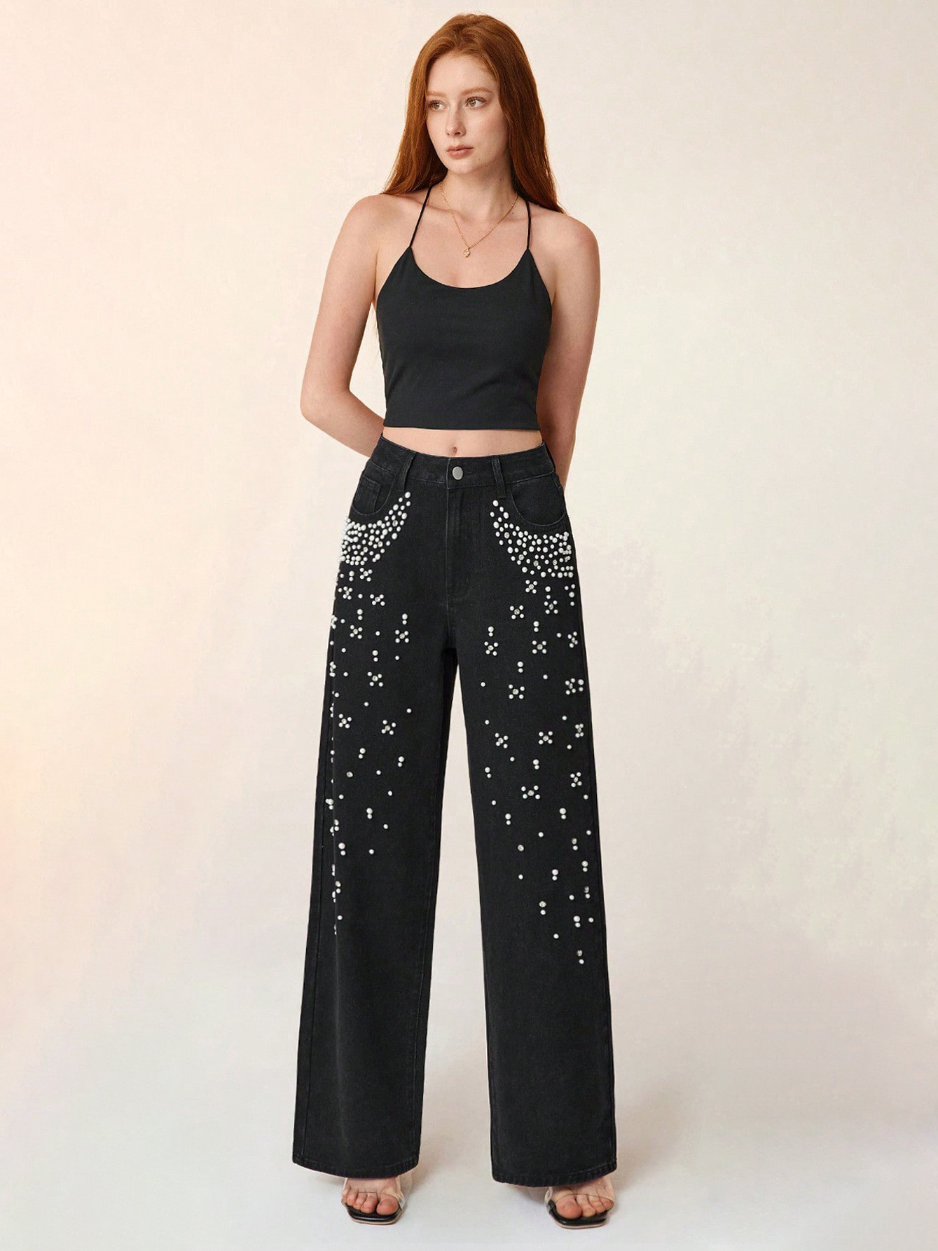 Casual Loose Fit Beaded Straight Leg Jeans