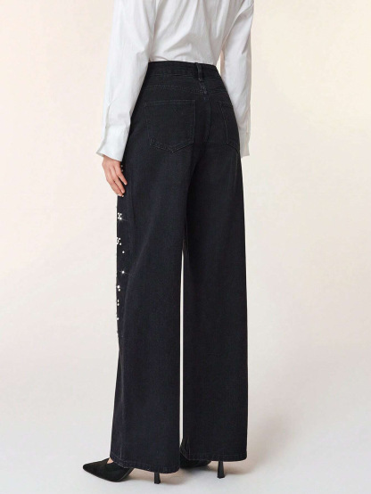 Casual Loose Fit Beaded Straight Leg Jeans