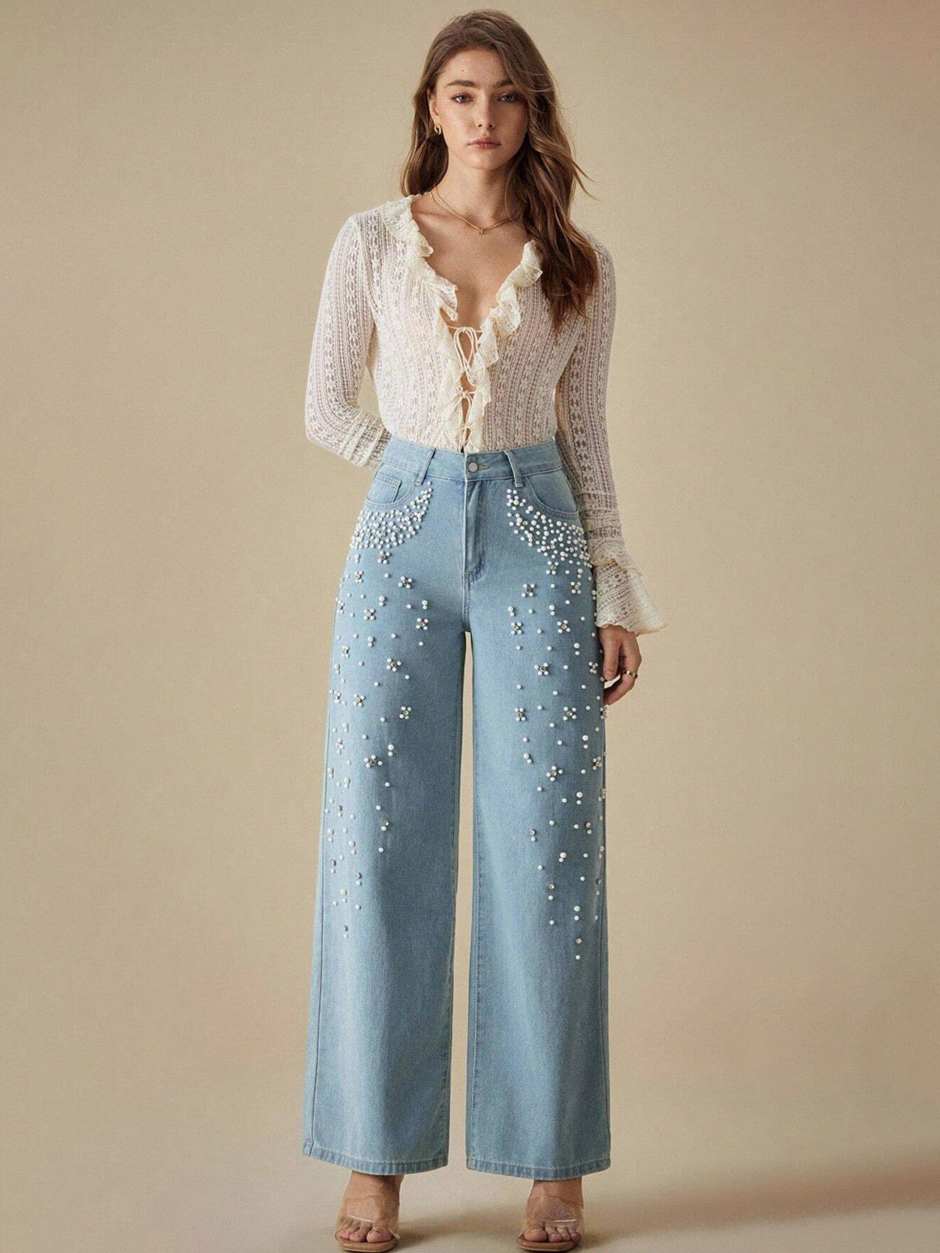Casual Loose Fit Beaded Straight Leg Jeans