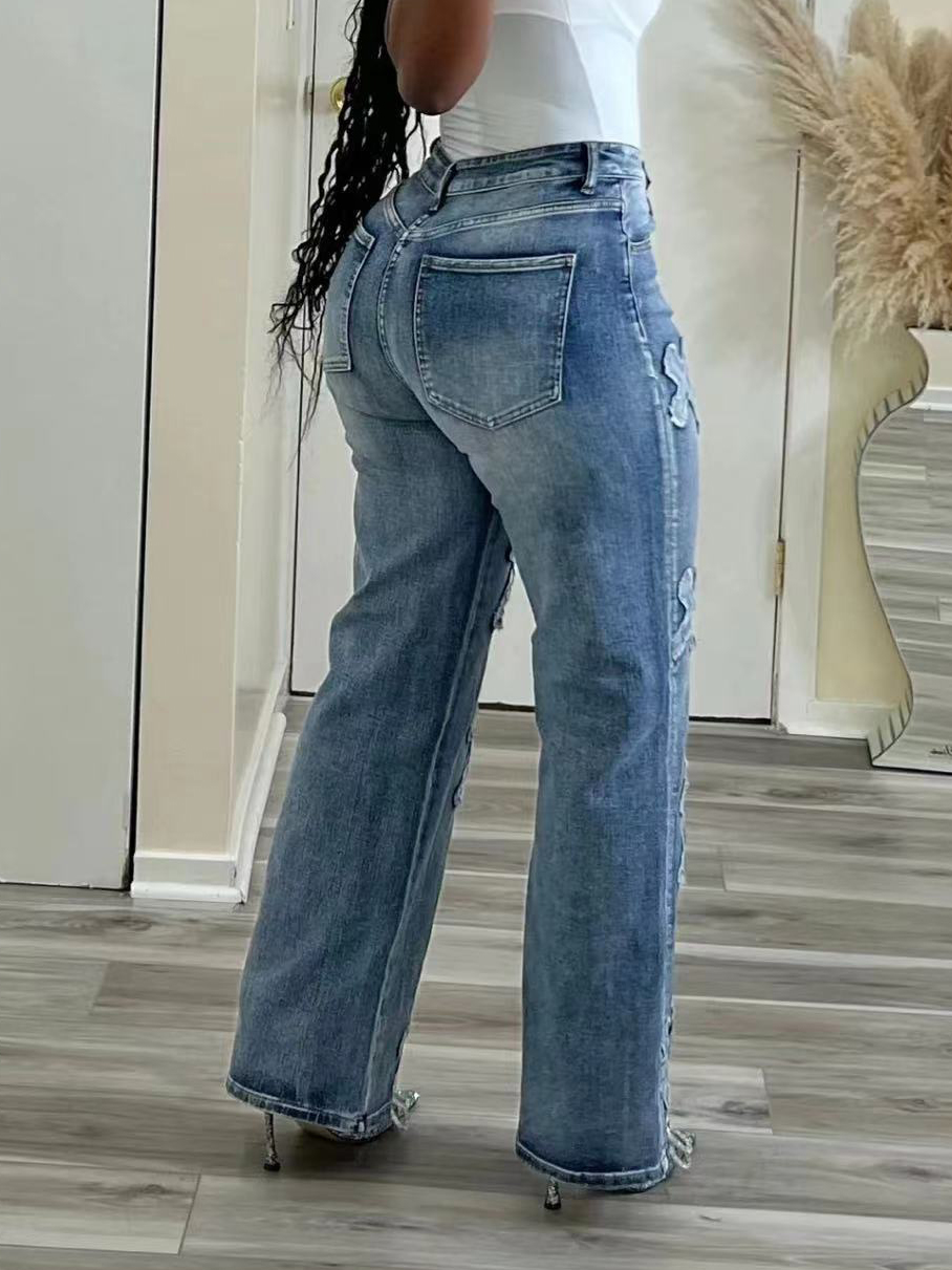 Vintage Fringe Cross Washed Straight Leg Jeans