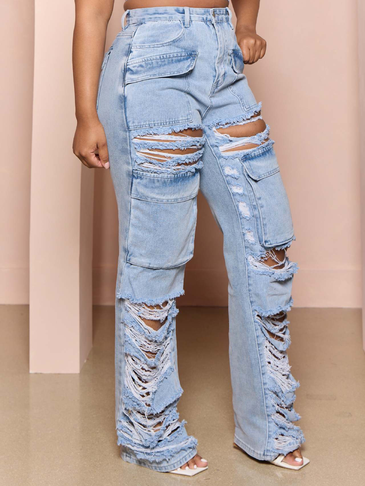 Casual Loose Fit High-Rise Wide Leg Ripped Jeans