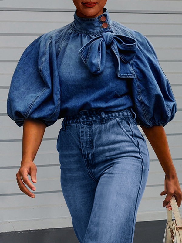 Elegant Ombre Puff Sleeve Denim Top