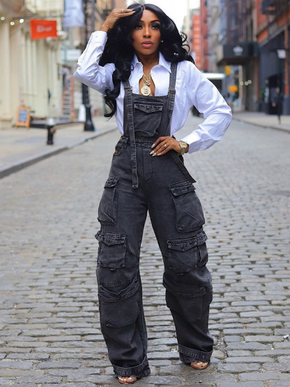 Casual Slim Fit Stretch Washed Denim Jumpsuit