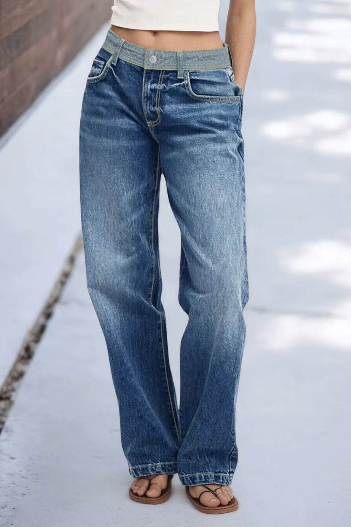 Women's Vintage Color Block Washed Denim Jeans