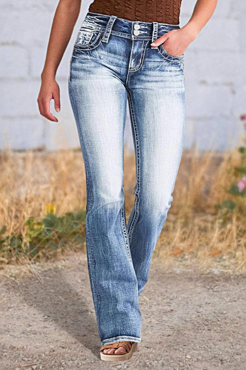 Women's Casual Embroidered Straight Leg Washed Jeans