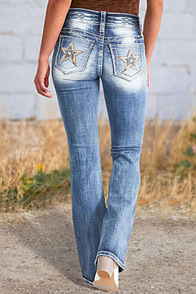 Women's Casual Embroidered Straight Leg Washed Jeans