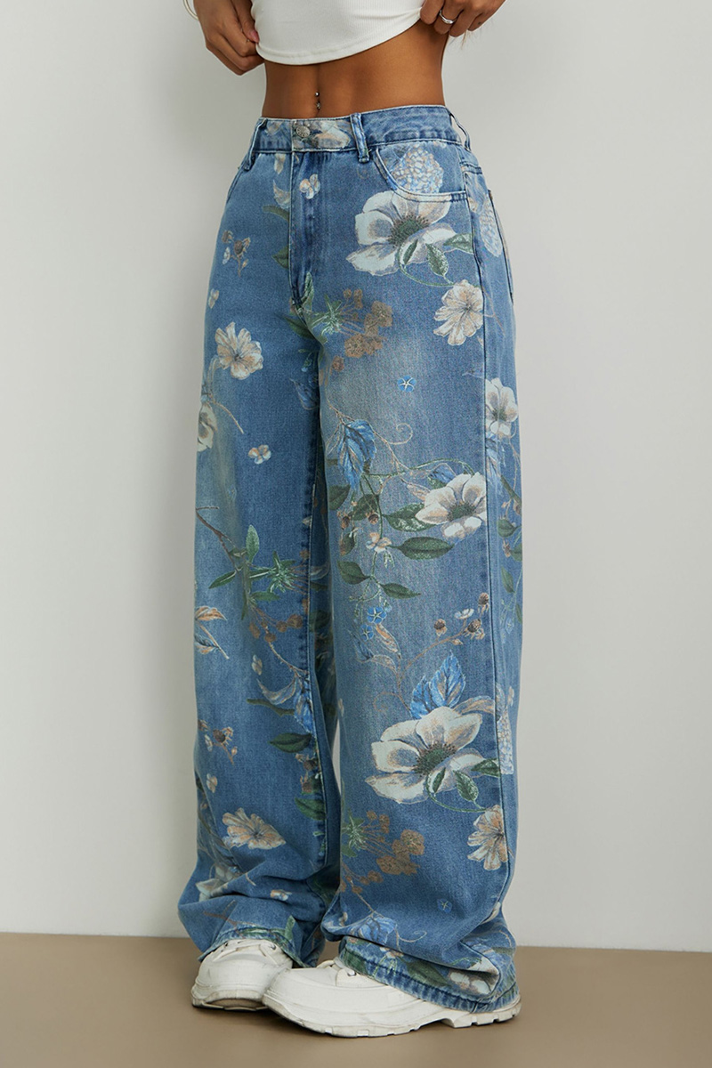 Casual Printed Loose Fit Wide Leg Jeans