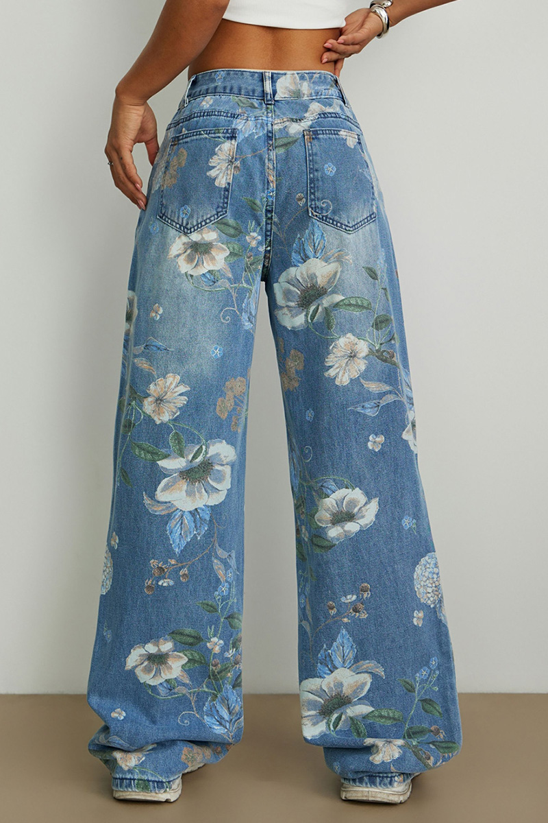 Casual Printed Loose Fit Wide Leg Jeans