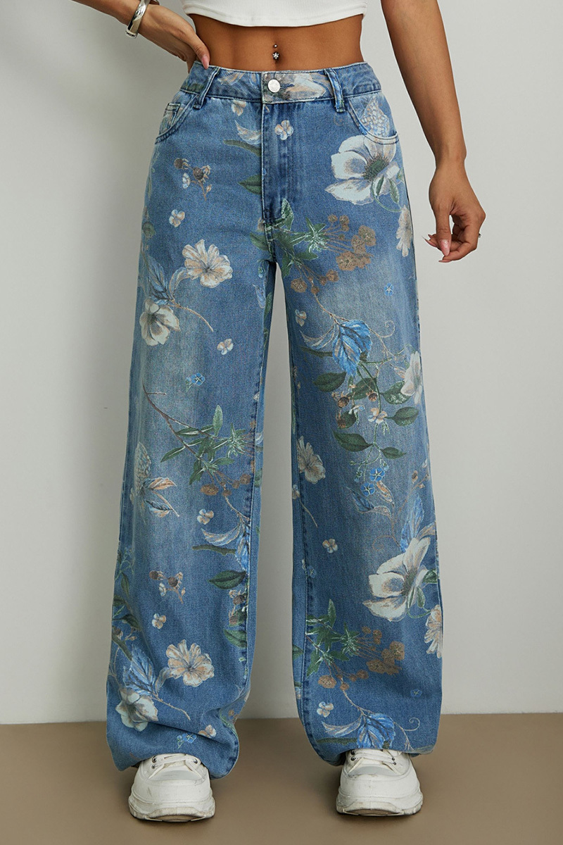 Casual Printed Loose Fit Wide Leg Jeans