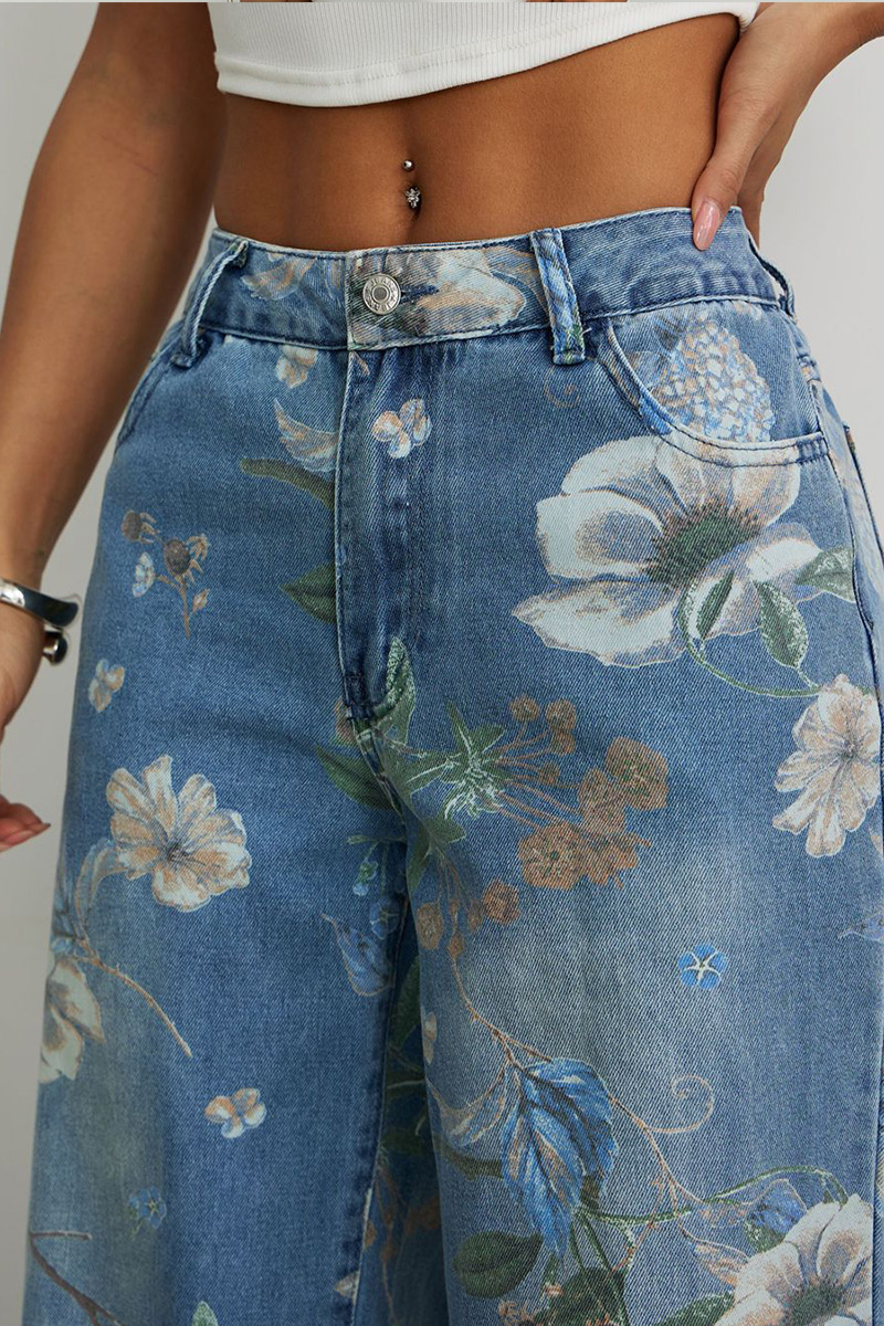 Casual Printed Loose Fit Wide Leg Jeans