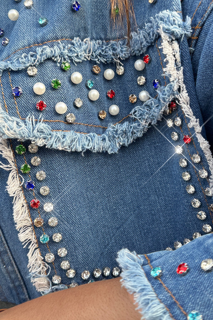 Designer Beaded Washed Raw Trim Denim Jacket