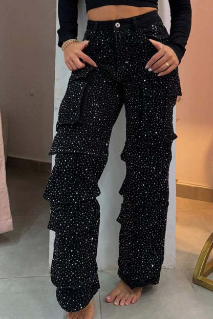 Women's Rhinestone Multi-pocket Work Jeans