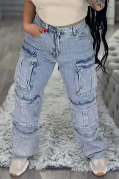 Women's Rhinestone Multi-pocket Work Jeans