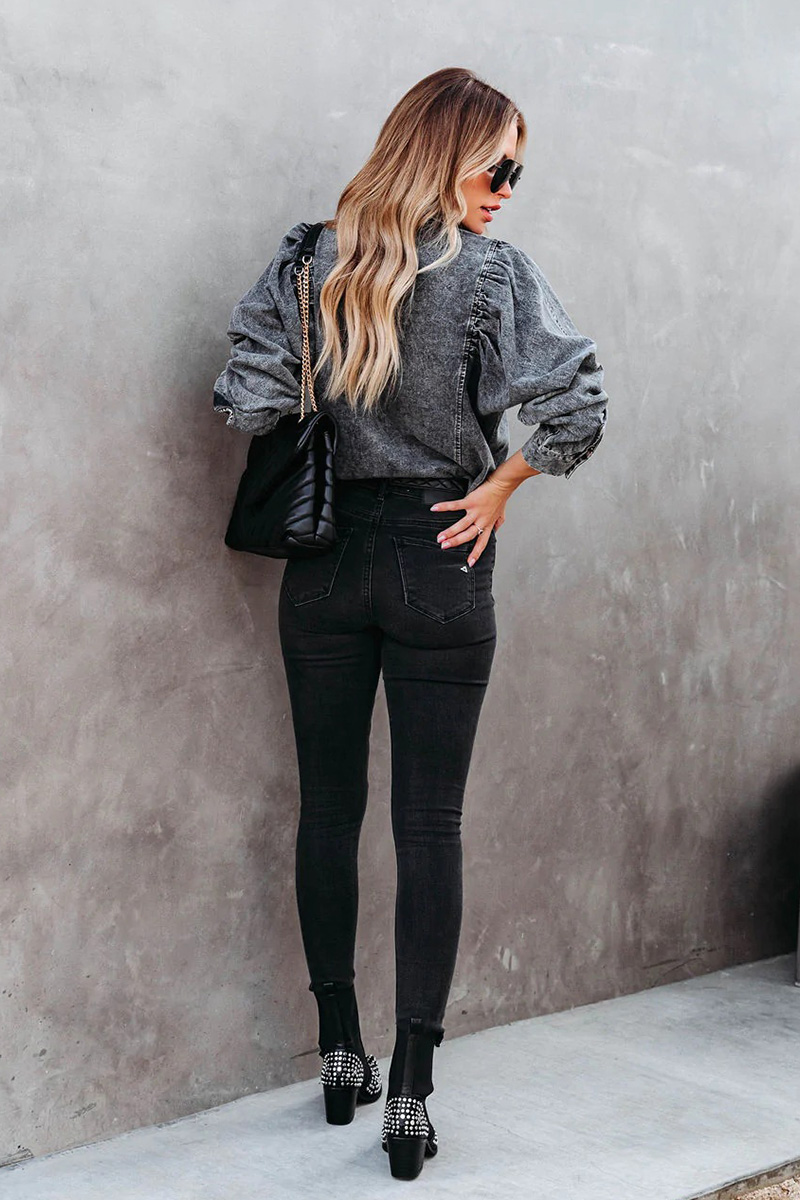 Casual Versatile Gigot Sleeve Washed Denim Shirt