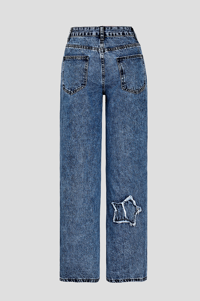 Casual Star Fringe Straight Leg Washed Jeans