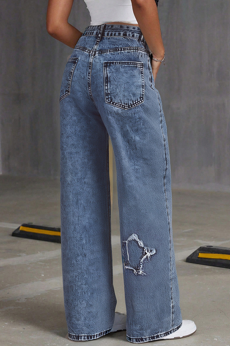 Casual Star Fringe Straight Leg Washed Jeans