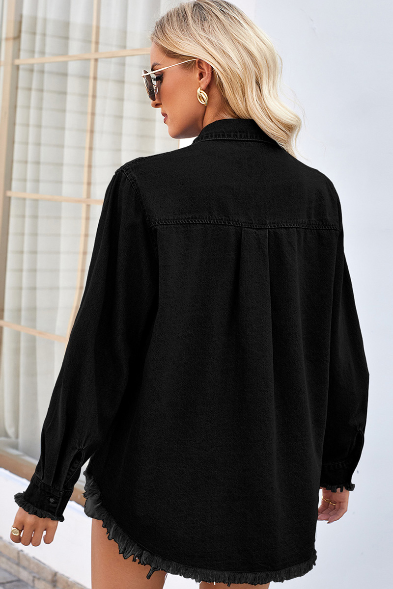 Washed Loose Fringed Sequin Pocket Denim Jacket