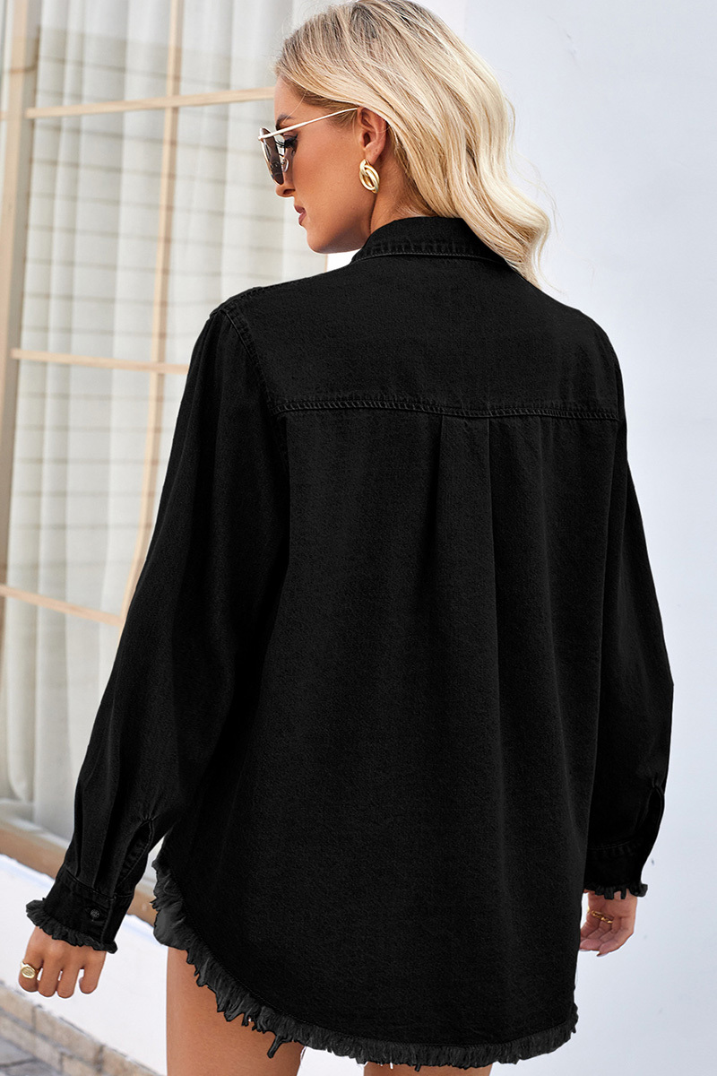 Washed Loose Fringed Sequin Pocket Denim Jacket