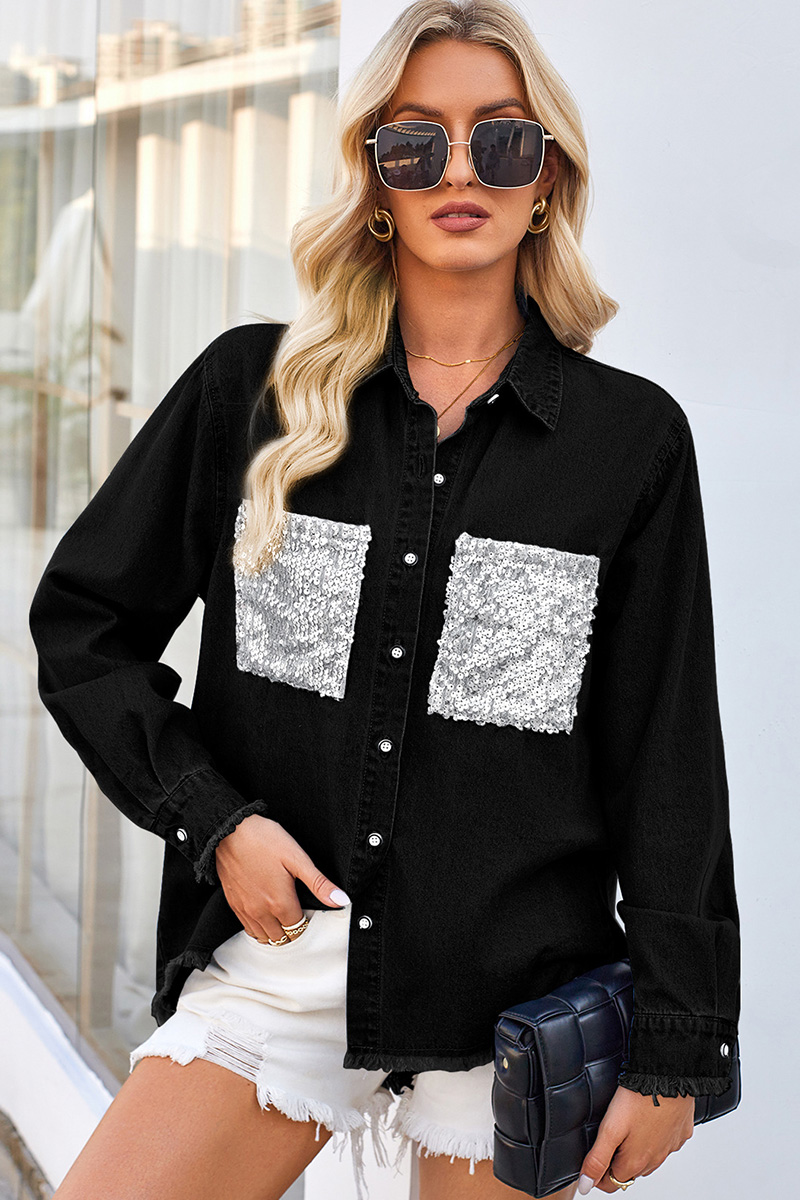 Washed Loose Fringed Sequin Pocket Denim Jacket